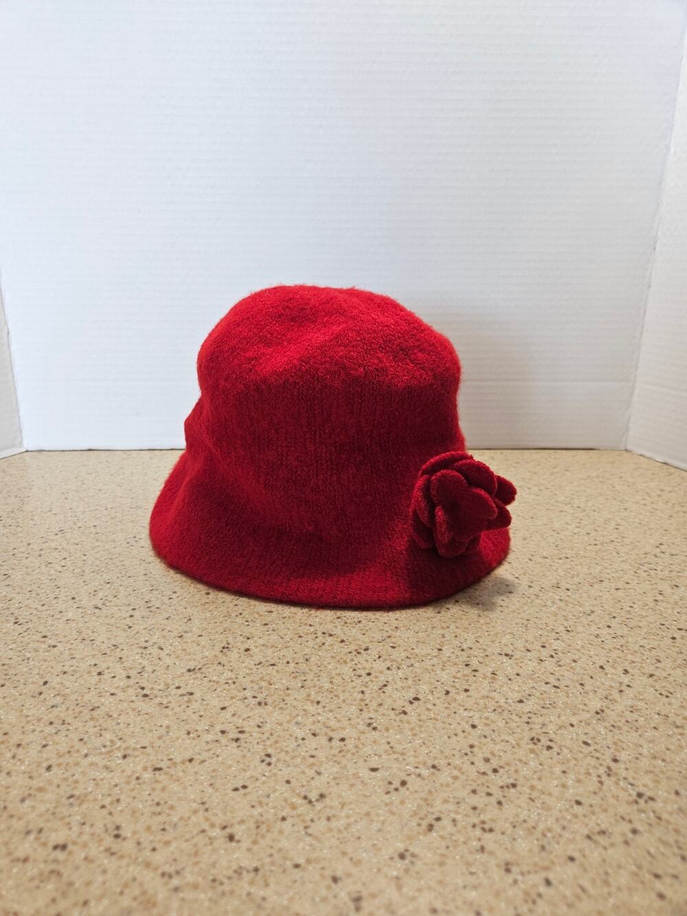 Vintage Barbour Cloche Hat Red 100% Lambswool Flower Accent